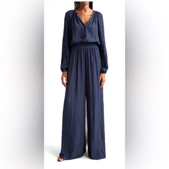 Ramy Brook Lea Crinkle Wide Leg Jumpsuit‎ in Navy - Picture 1 of 16